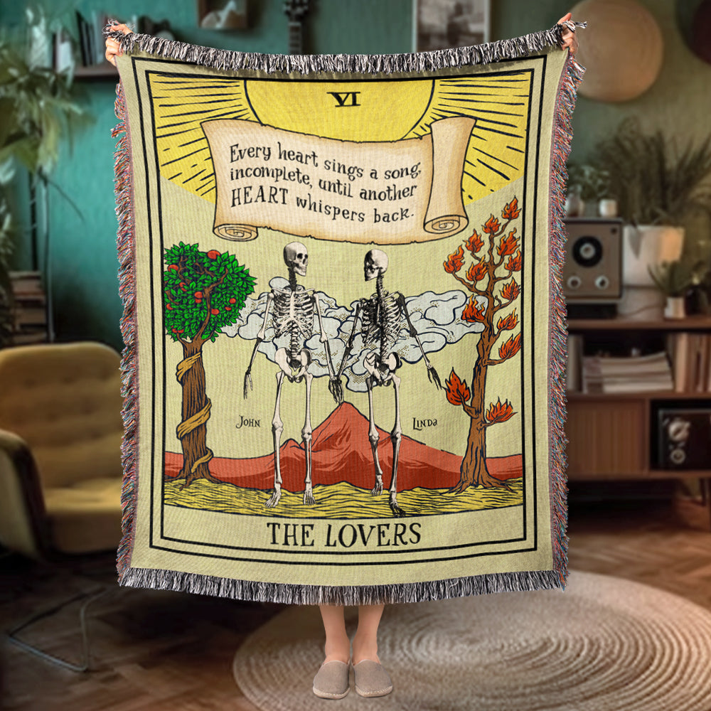 The Lovers, Couple Gift, Personalized Woven Blanket, Tarot Card Skull Couple Blanket - Blanket - GoDuckee
