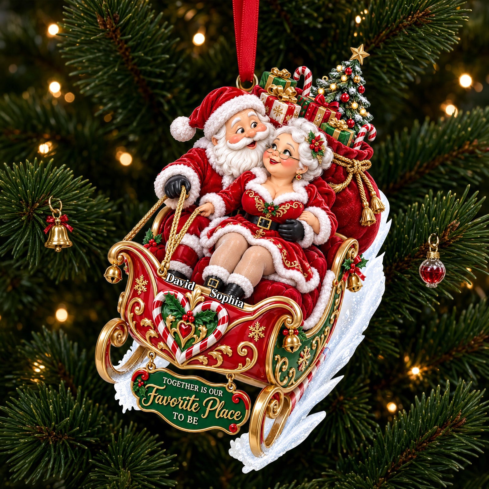 Xmas Santa Couple Riding in A Santa Sleigh Acrylic Ornament - Personalized Christmas Gifts For Couples 07qhlu140926 - Ornament - GoDuckee