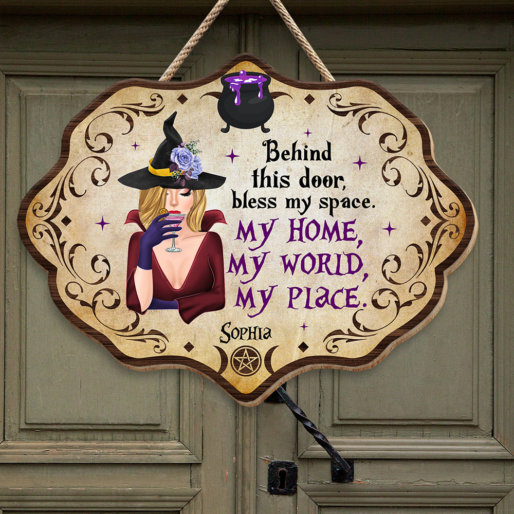 Behind This Door, Bless My Space-Personalized Wood Sign-Halloween Gifts-Witch Wood Sign - Wood Sign - GoDuckee