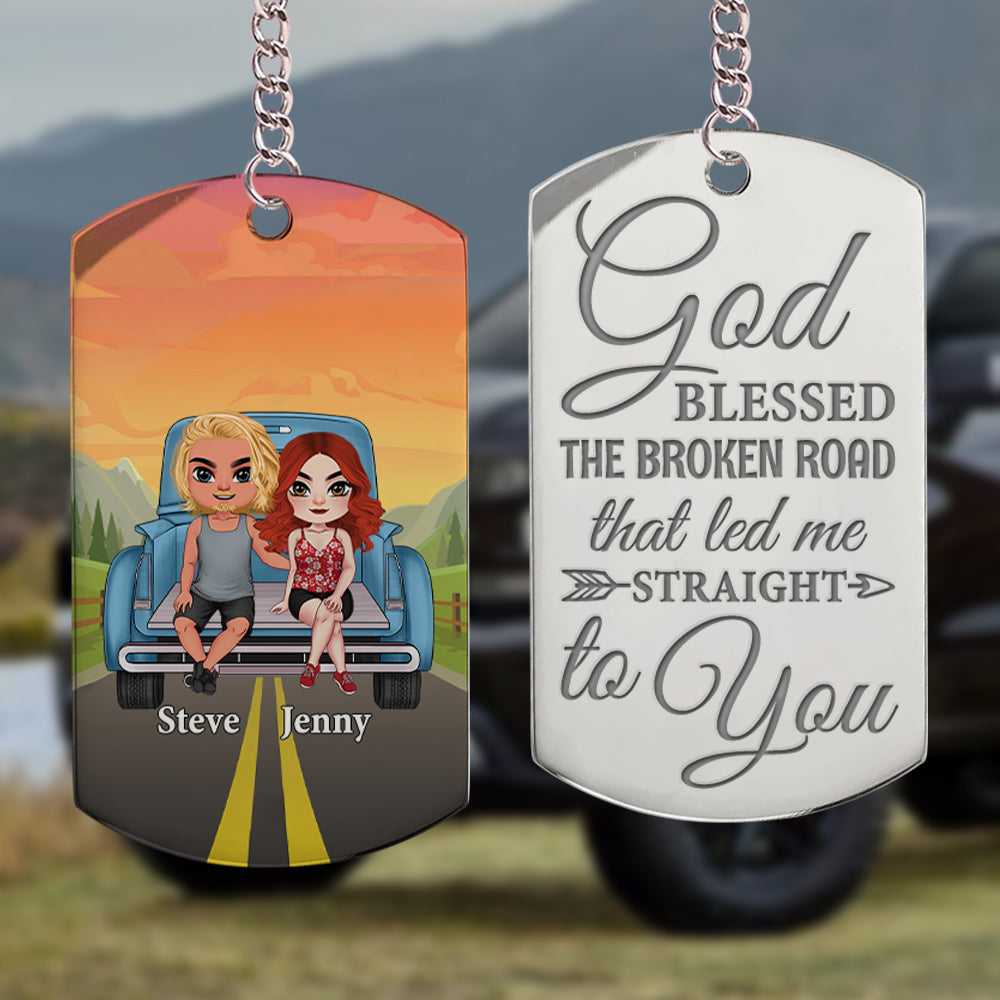 God Blessed The Broken Road That Led Me Straight To You-Personalized Stainless Steel Engraved Keychain -Gift For Him/ Gift For Her- Couple Keychain - Keychains - GoDuckee