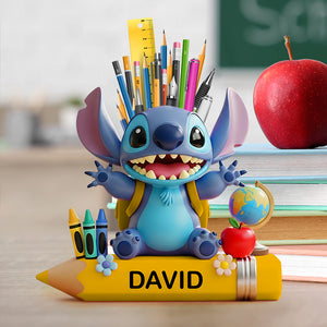 Blue Cartoon Alien Wooden Pen Holder - Personalized Gifts For Kids 02totn240725 - Pen Holder - GoDuckee
