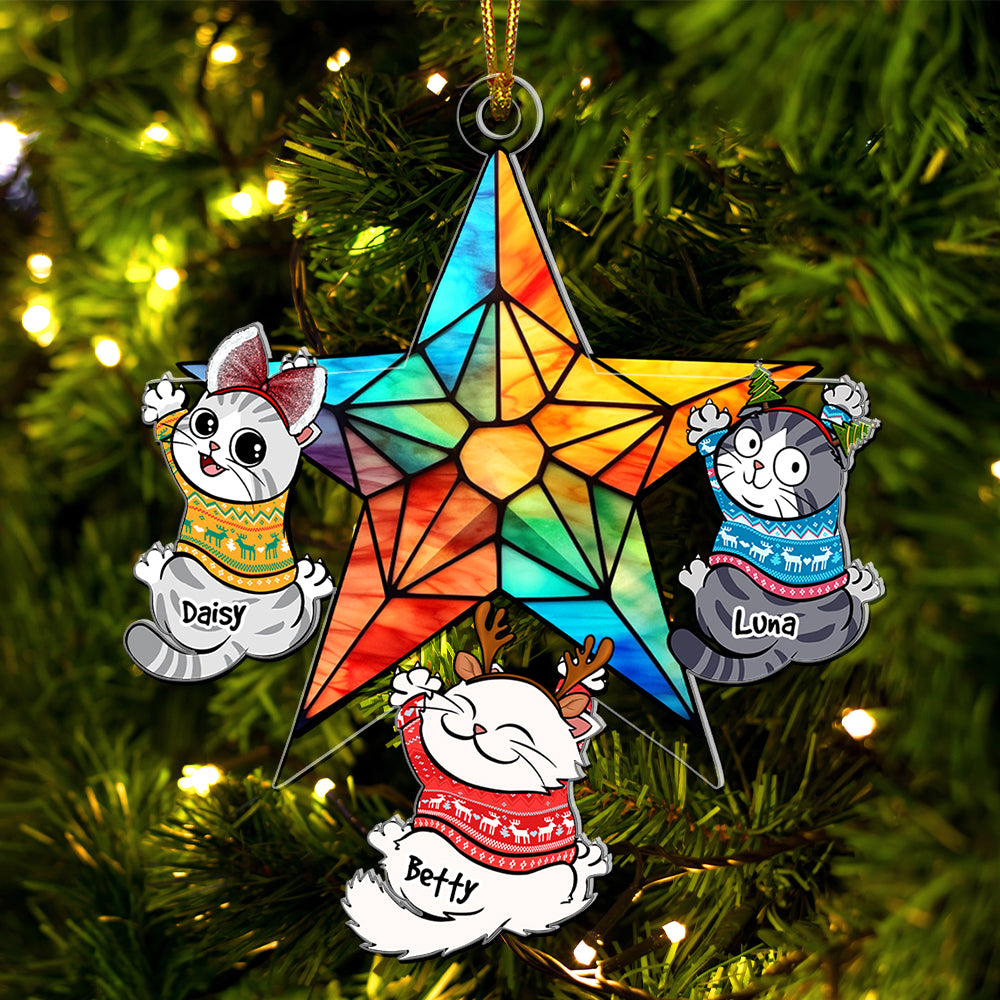 Personalized Gifts For Cat Lovers, Funny Naughty Cat Hanging On Christmas Star 04QHQN250924 - Ornament - GoDuckee