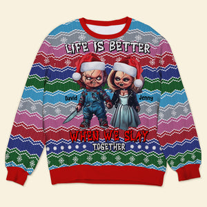 Life Is Better When We Slay Together, Personalized Knitted Ugly Sweater, Horror Gift For Couple - AOP Products - GoDuckee