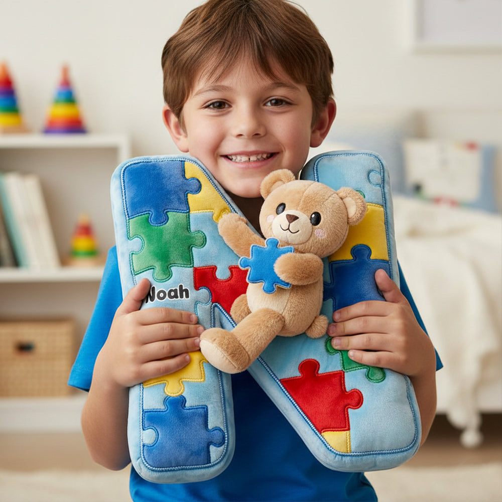 Autism Bear Alphabet Initial Letter Custom Shaped Pillow - Personalized Gifts For Kids 04natn101225 - Pillow - GoDuckee