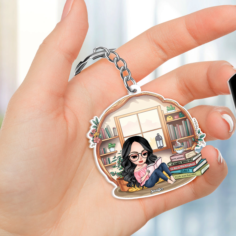 Gift For Book Lovers, Personalized Keychain, Girl Reading Book, Custom Title Book Keychain - Keychains - GoDuckee