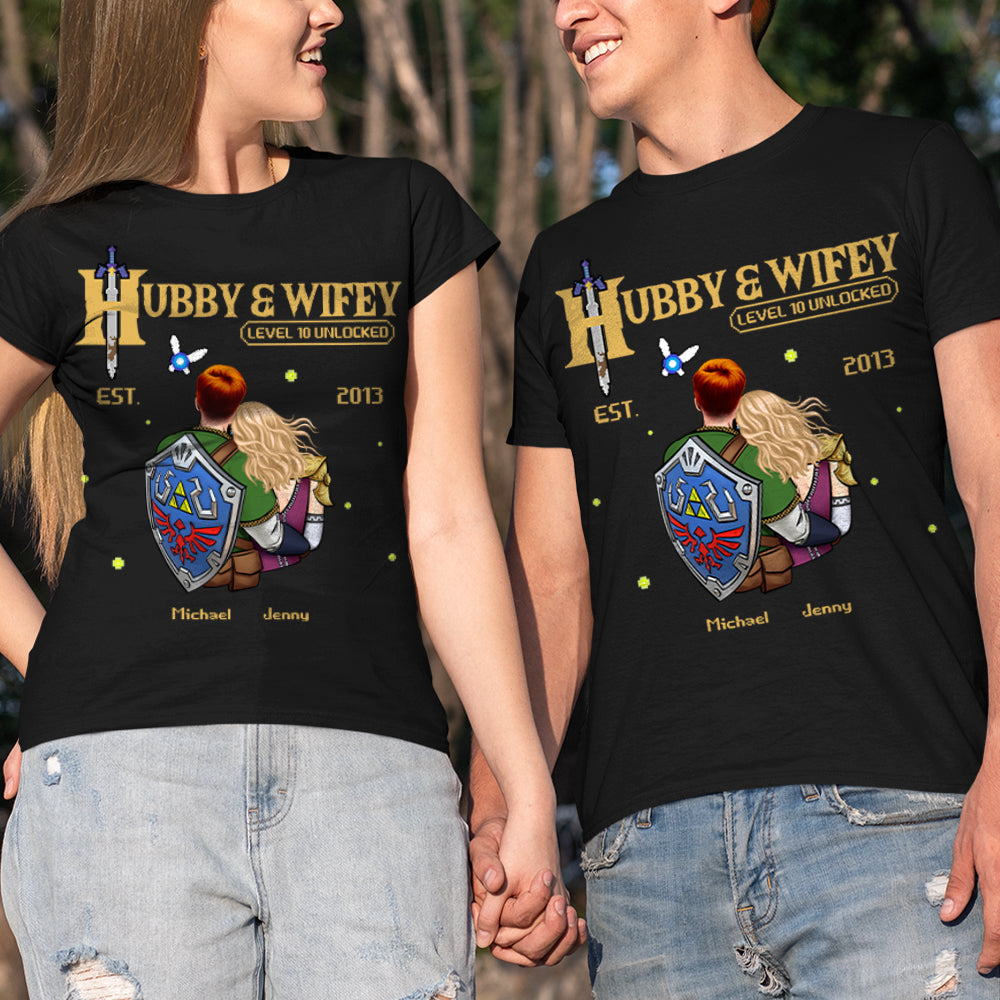 Hubby And Wifey, Gift For Couple, Personalized Shirt, Game Lover Couple Hugging Shirt, Anniversary Gift 06QHHN180723HH - Shirts - GoDuckee