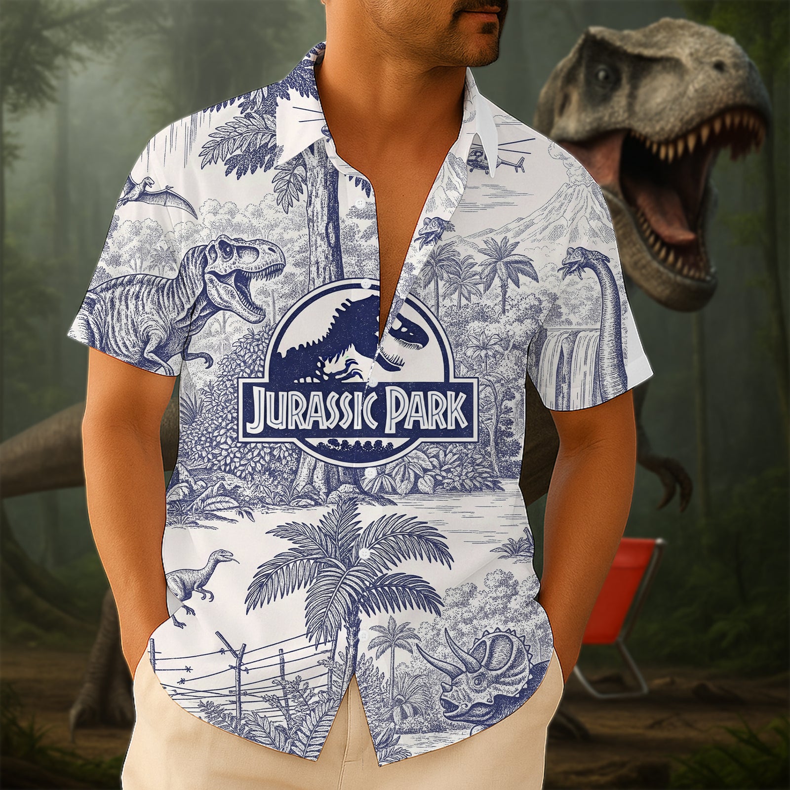 Toile de Jouy Style Hawaiian Shirt - Gifts For Dinosaur Lovers 03NALU260625 - Hawaiian Shirts - GoDuckee