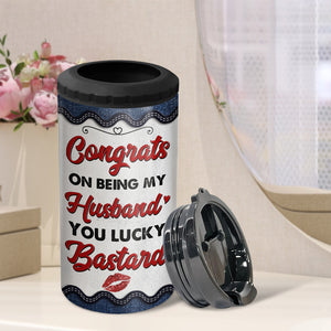 Congrats On Being My Husband, Personalized Can Cooler Tumbler, Naughty Couple, Gift For Couple - Can Cooler - GoDuckee