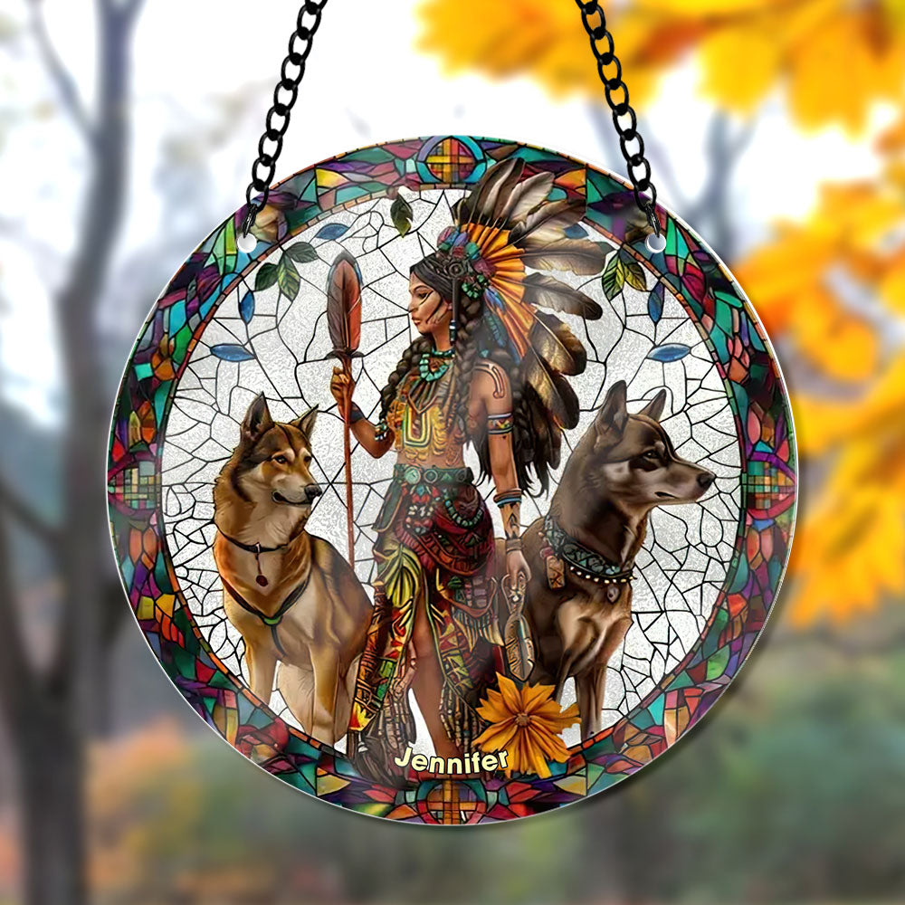 Personalized Native Woman And Wolves Suncatcher Ornament 39acqn240824 - Ornament - GoDuckee