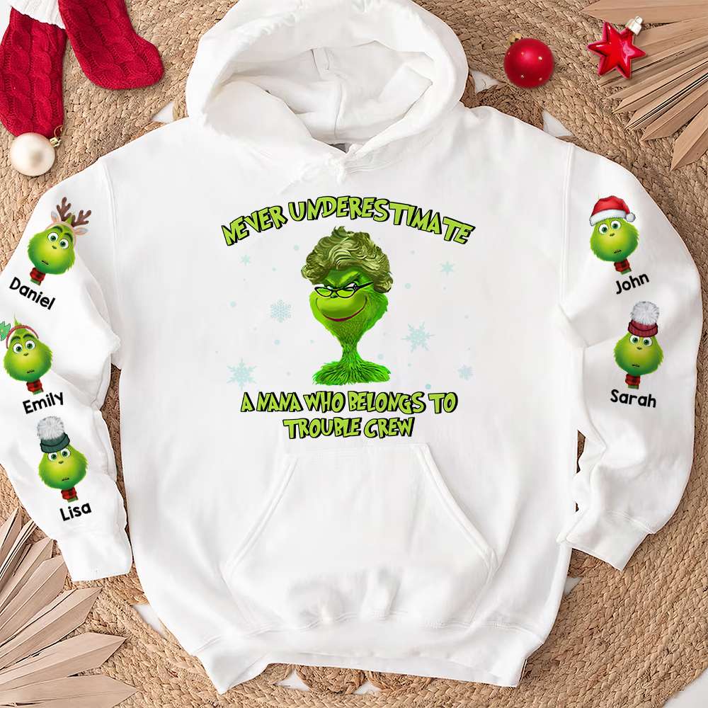 Never Underestimate A Nana Belongs To Trouble Crew, Gift For Grandma, Personalized 3D Shirt, Grandkids Green Monster AOP Shirt, Christmas Gift 06OHHN300623 - AOP Products - GoDuckee