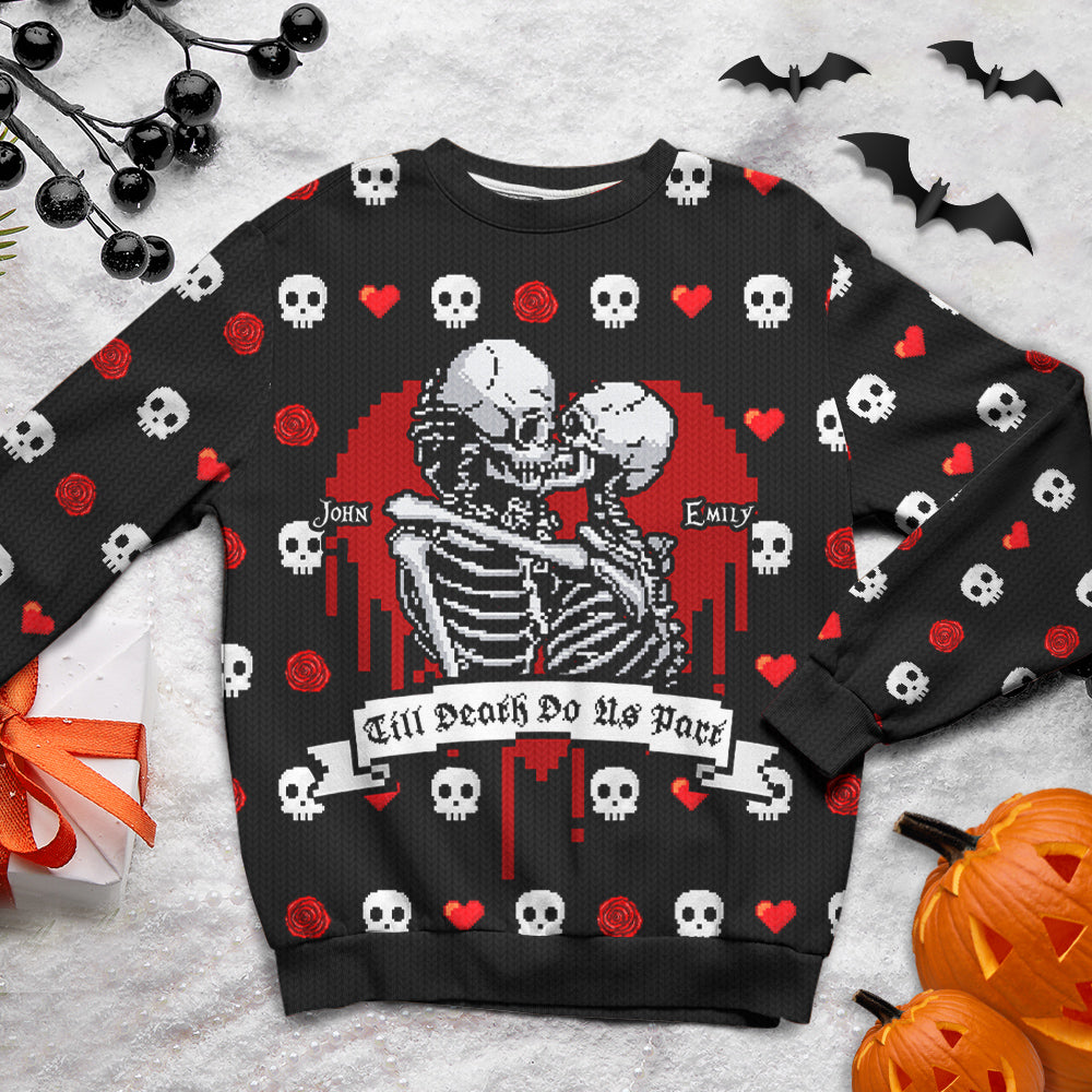 Till Death Do Us Part, Couple Gift, Personalized Knitted Ugly Sweater, Skull Couple Sweater, Halloween Gift - AOP Products - GoDuckee