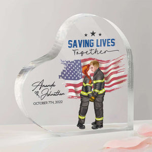 She Saves Lives And He Protects Them, Personalized Heart Acrylic Plaque, Kissing Couple Gifts - Decorative Plaques - GoDuckee