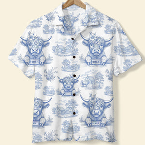 Personalized Gifts For Highland Cow Lovers Hawaiian Shirt, Vintage Blue Toile Pattern 03QHDT110625 - Hawaiian Shirts - GoDuckee