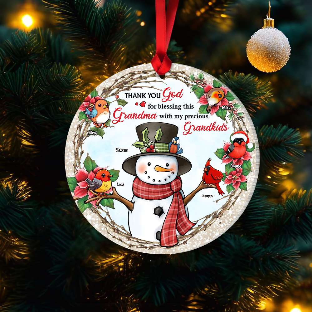 Thank You God, Gift For Grandkids, Personalized Acrylic Ornament, Snowman And Bird Kids Ornament, Christmas Gift - Ornament - GoDuckee