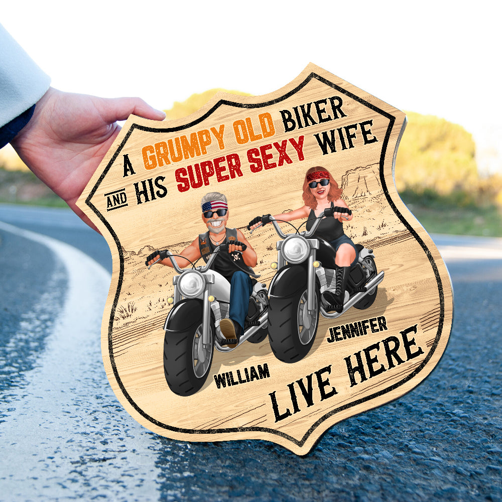 A Grumpy Old Biker And His Super Sexy Wife, Personalized Wood Sign, Gifts For Couple Motorcycle - Wood Sign - GoDuckee