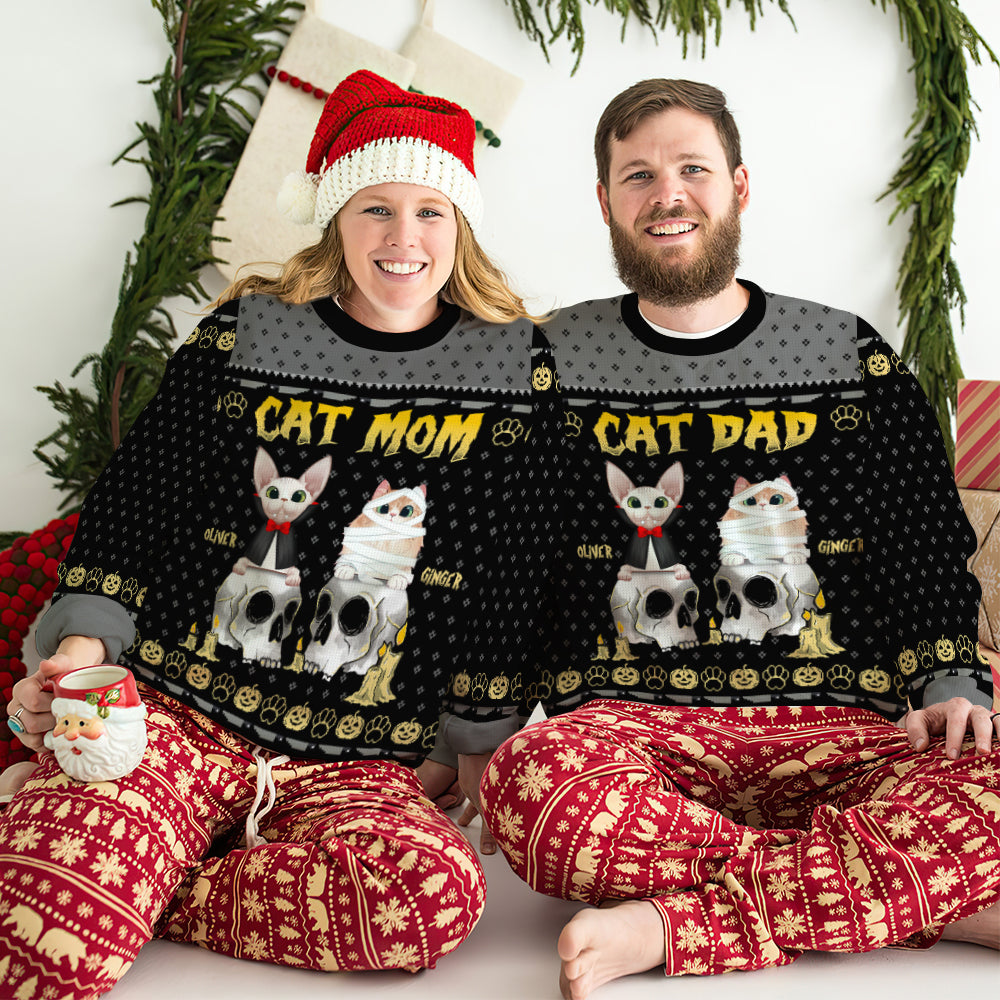 Happy Meow-O-Ween, Gift For Cat Lovers, Personalized Knitted Ugly Sweater, Horror Cat Family Sweater,, Halloween Gift - AOP Products - GoDuckee