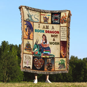 I Am A Book Dragon Not A Worm-Personalized Woven Blanket-Gift For Book Lover- Dragon Book Blanket - Blanket - GoDuckee