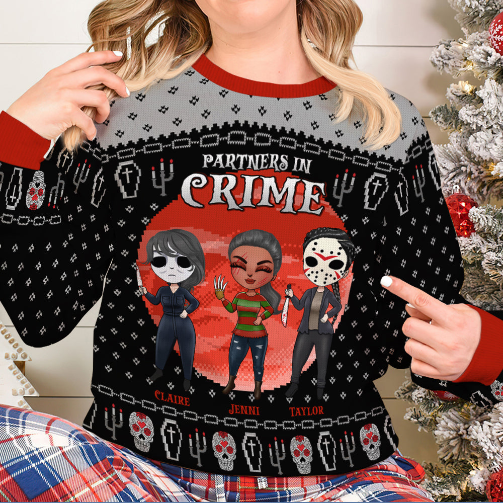 Partners In Crime, Personalized Besties 3D Knitted Ugly Sweater, Gift For Friend - AOP Products - GoDuckee