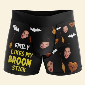 Personalized Gifts For Couple Boxer Briefs Halloween Pumpkin Broom Stick Custom Face Photo 02XQMH010824 - Boxer Briefs - GoDuckee