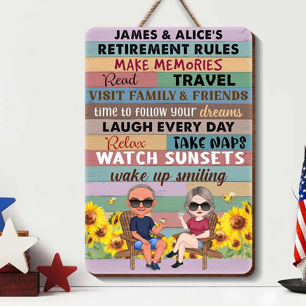 Retirement Rules Make Memories-Personalized Wood Sign- Gift For Couples- Retirement Couple Wood Sign - Wood Sign - GoDuckee