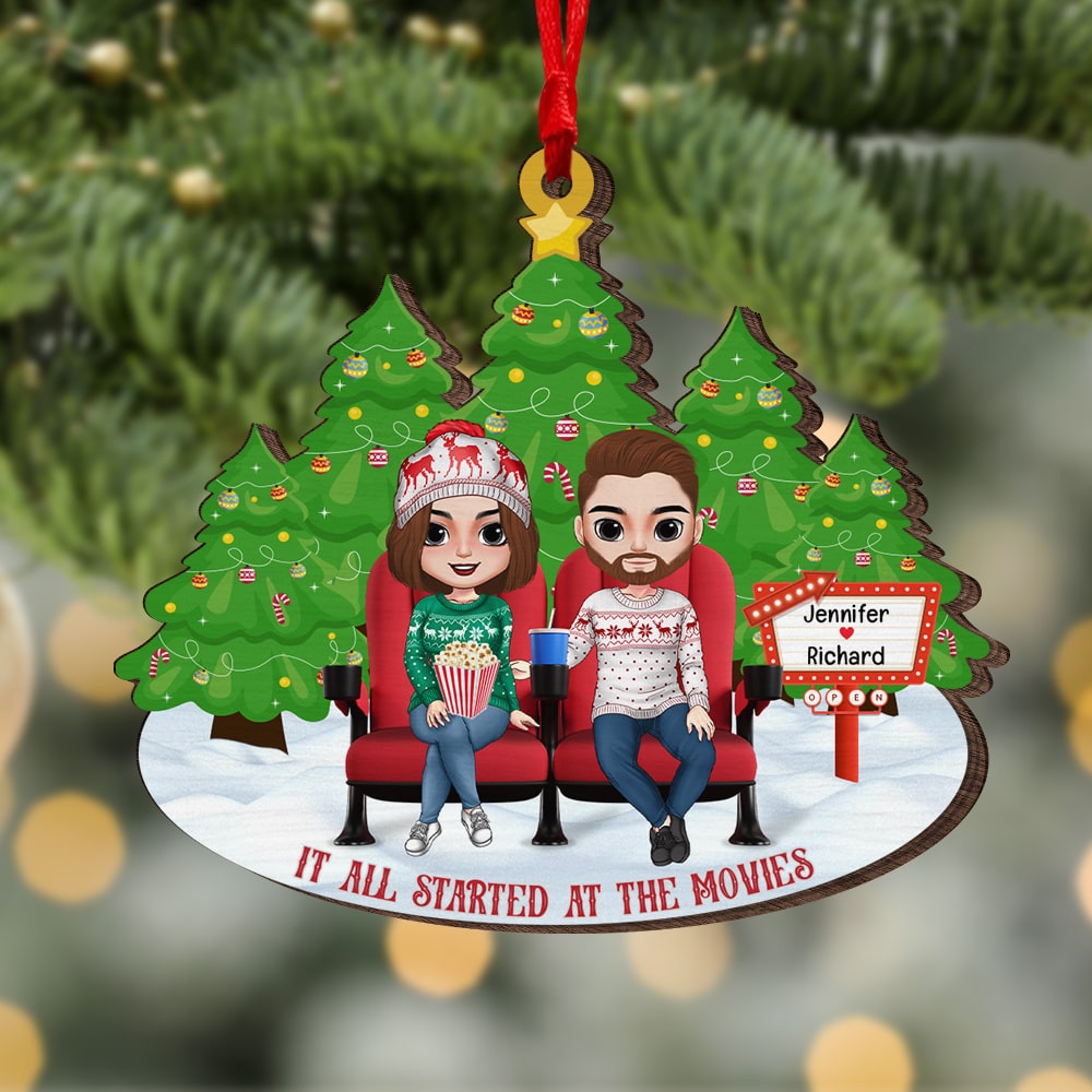 It All Started At The Movies-Personalized Wood Ornament - Gift For Him/ Gift For Her- Christmas Gift- Movie Couple Ornament - Ornament - GoDuckee