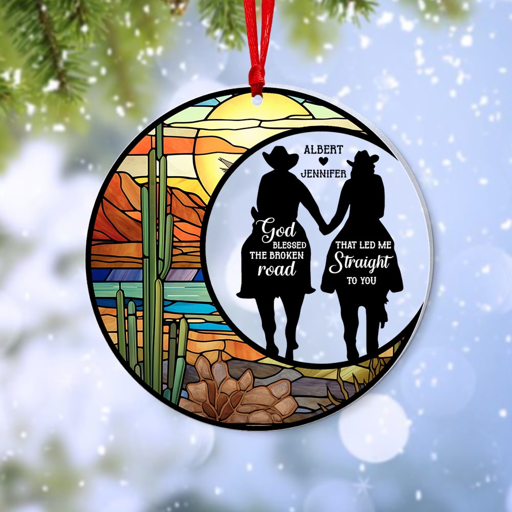 God Blessed the Broken Road That Led Me Straight To You-Personalized Suncatcher Ornament - Acrylic Custom Shape Ornament - Gift For Him/ Gift For Her-Christmas Gift- Horse Couple Ornament - Ornament - GoDuckee