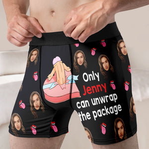 Only You Can Unwrap The Package, Custom Photo Men Boxer Briefs, Funny Couple Gift For Valentine's Day - Boxer Briefs - GoDuckee