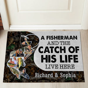 A Fisherman And The Catch Of His Life Live Here - Custom Photo Door Mat-Gift For Fishing Lovers- Fishing Couple - Doormat - GoDuckee