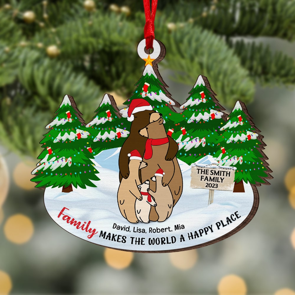 Family Makes The World A Happy Place-Personalized Wood Ornament - Gift For Family- Christmas Gift - Ornament - GoDuckee