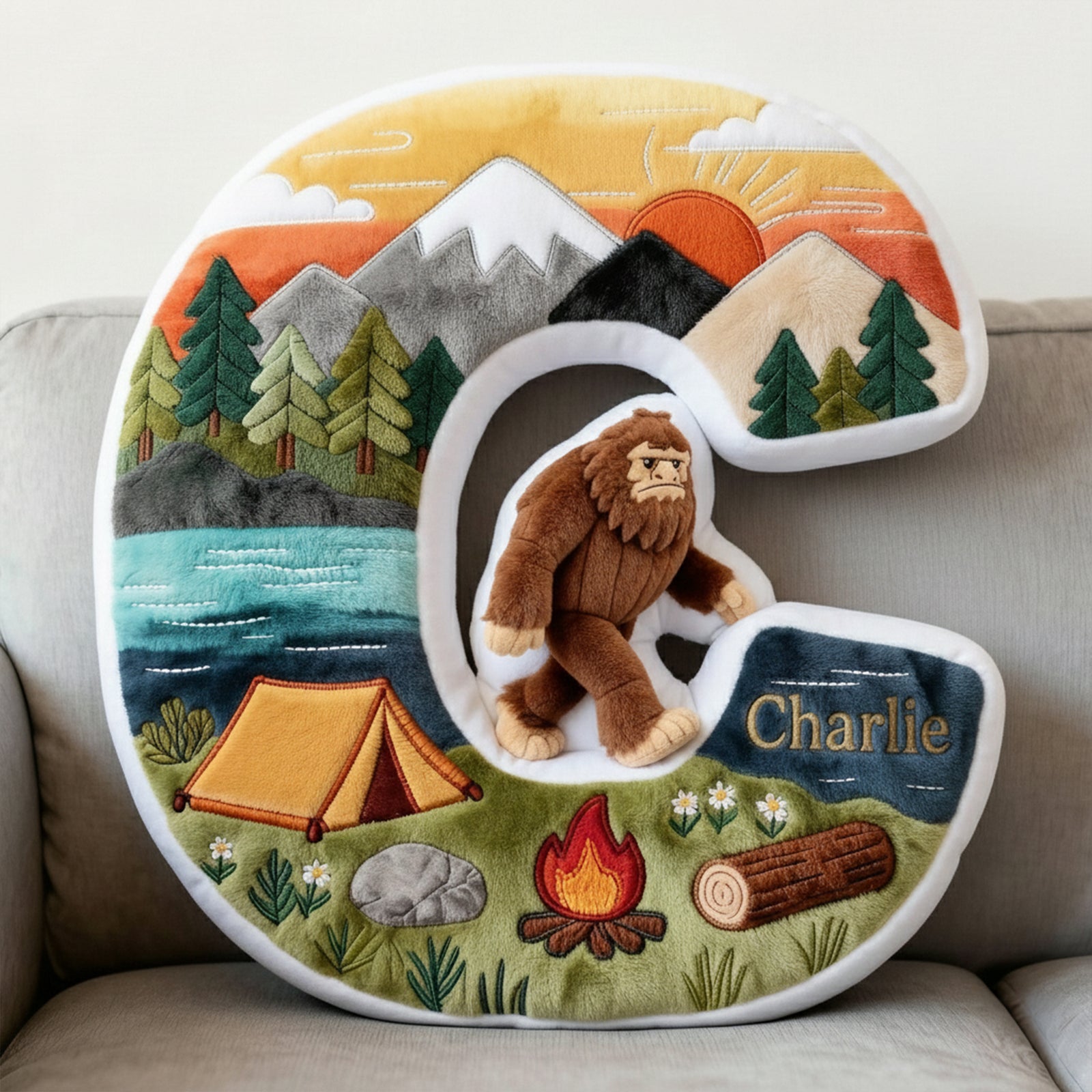 Sasquatch Camping Alphabet Initial Letter Pillow, Personalized Gifts For Camping Lovers & Bigfoot Seekers 02qhqn111225 - Pillow - GoDuckee