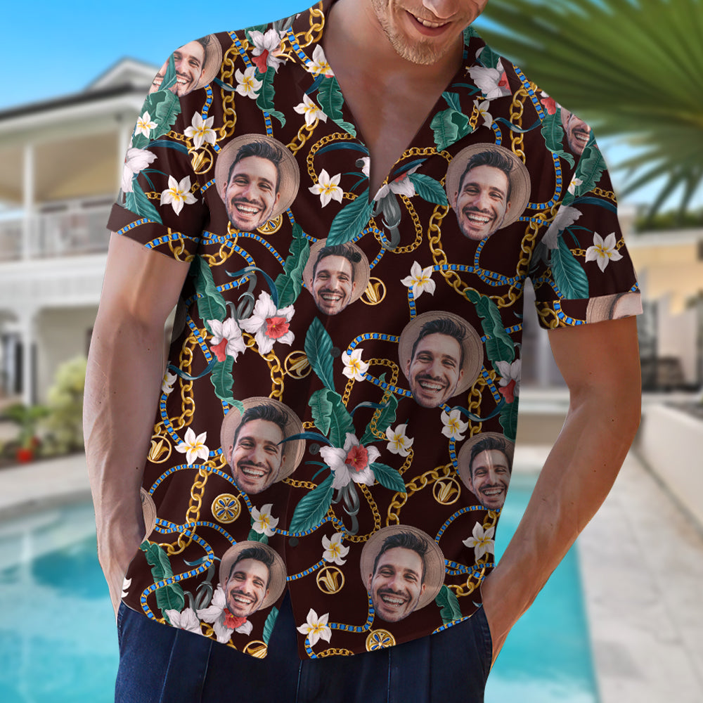 Custom Face Personalized Hawaiian Shirt With Chain Pattern, Funny Gift For Man - Hawaiian Shirts - GoDuckee