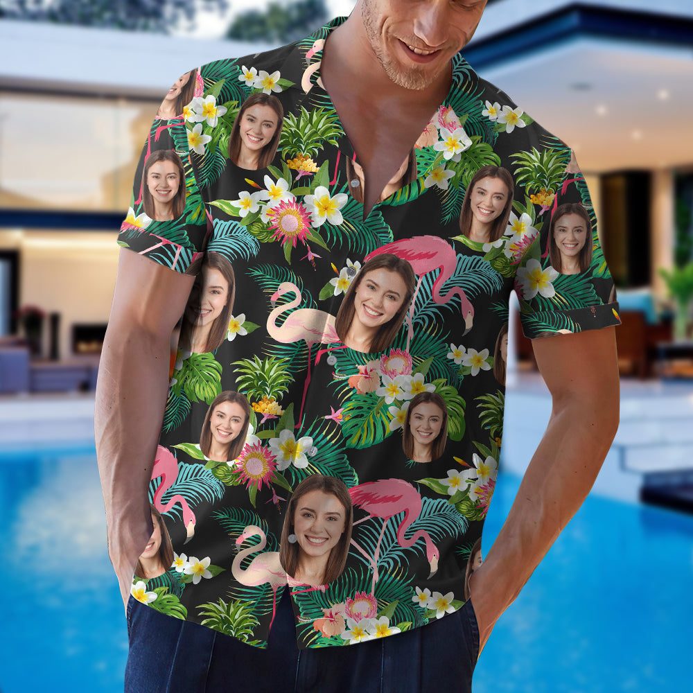 Custom Face Image Personalized Hawaiian Shirt Flamingo Tropical Pattern - Hawaiian Shirts - GoDuckee