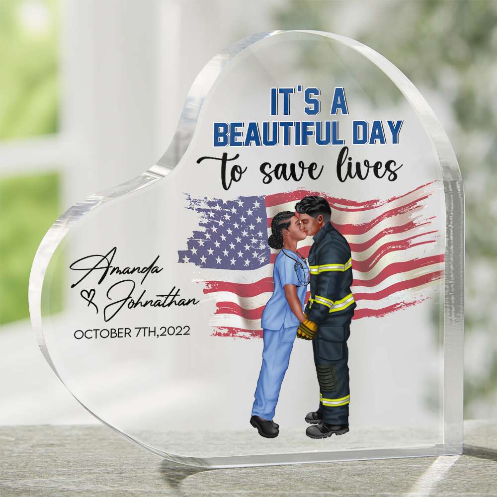 She Saves Lives And He Protects Them, Personalized Heart Acrylic Plaque, Kissing Couple Gifts - Decorative Plaques - GoDuckee