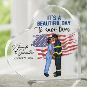 She Saves Lives And He Protects Them, Personalized Heart Acrylic Plaque, Kissing Couple Gifts - Decorative Plaques - GoDuckee