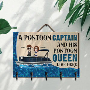 A Pontoon Captain And His Pontoon Queen Live Here-Personalized Wood Key Hanger- Gift For Her/Gift For Him- Couple Wood Key Hanger - Wood Sign - GoDuckee
