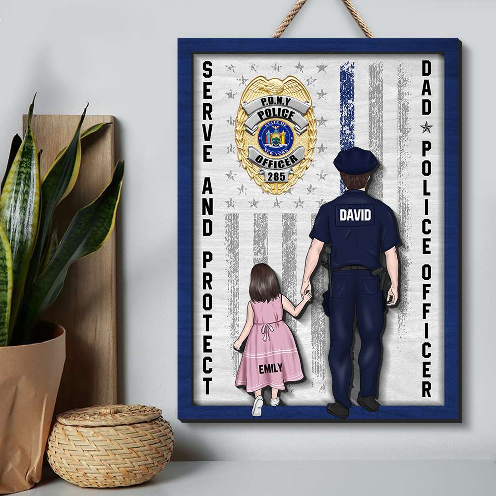Police Dad Service & Protect, Personalized Wooden Art, Police Dad And Kid Wood Art, Gift For Dad - Wood Sign - GoDuckee