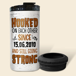 Hooked On Each Other And Still Going Strong- Gift For Couple-Personalized 4 In 1 Can Cooler Tumbler-Fishing Couple - Can Cooler - GoDuckee