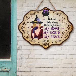 Behind This Door, Bless My Space-Personalized Wood Sign-Halloween Gifts-Witch Wood Sign - Wood Sign - GoDuckee