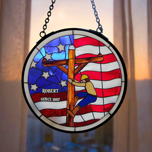 Personalized Gifts For Lineman Suncatcher, Proud American Lineman Stained Glass 01QHPU280824 - Ornament - GoDuckee