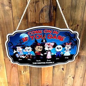 Come On In If You Dare, Personalized Wood Sign, Horror Mouse Family Wood Sign, Halloween Gift For Family - Wood Sign - GoDuckee