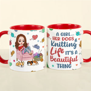 Personalized Gifts For Knitting Lover Accent Mug Women Sitting Knitting With Dog 04XQPU010824HH - Coffee Mug - GoDuckee