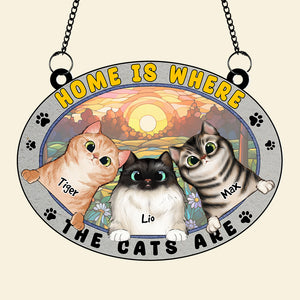 Personalized Gifts For Cat Lovers Suncatcher Ornament Home Is Where The Cats Are - Ornament - GoDuckee