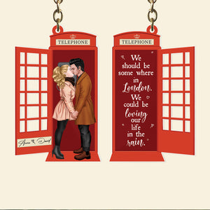 We Could Be Loving Our Life In The Rain, Personalized Kissing Couple At Telephone Booth Keychain, Gift For Couple, Valentine's Gifts - Keychains - GoDuckee