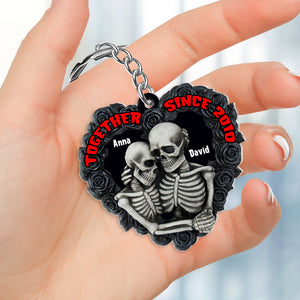 Personalized Skeleton Couple Keychain, Gift For Couple, Black Rose Heart Shape - Keychains - GoDuckee