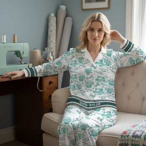Sewing Toile de Jouy Button Up Pajama Set - Personalized Gift For Sewing Lover Christmas Pajama 06PGLU250925 - Pajama Set - GoDuckee
