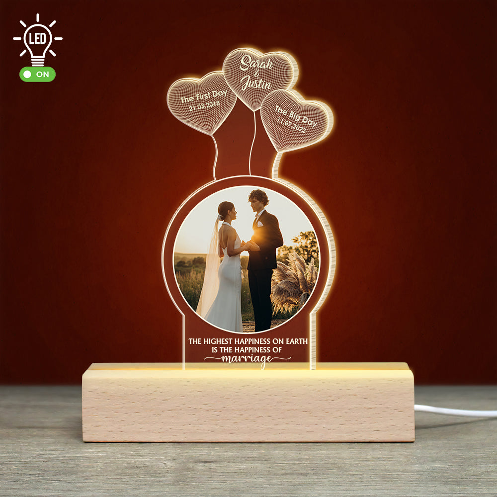 The Highest Happiness On Earth Is The Happiness Of Marriage, Personalized 3D Led Light With Photo Upload - Led Night Light - GoDuckee