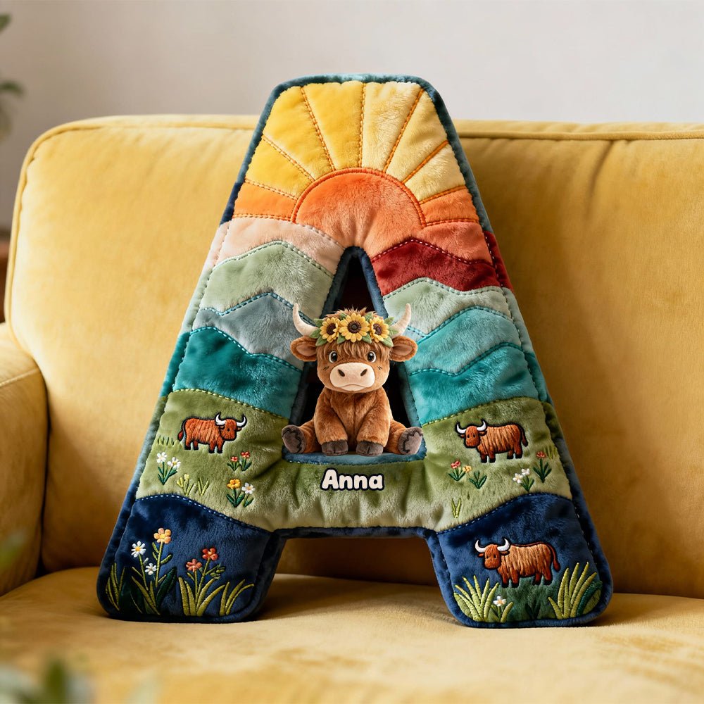 Cute Highland Cow Alphabet Initial Letter Shaped Pillow - Personalized Gifts For Highland Cow Lovers 02qhtn081225 - Pillow - GoDuckee