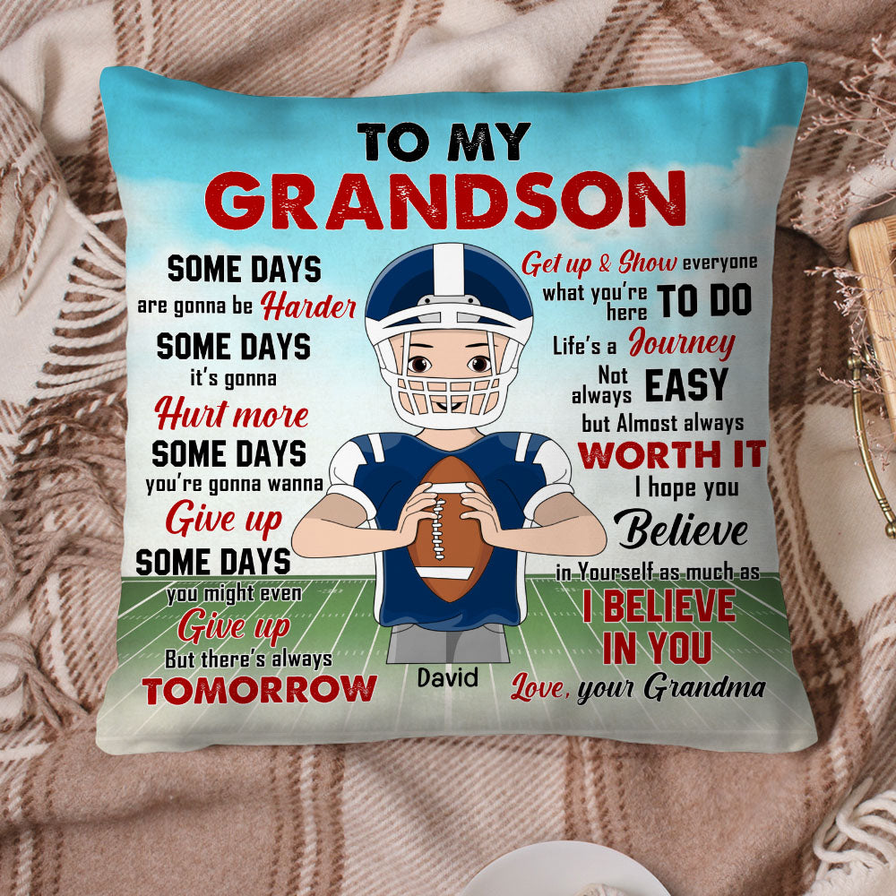 To My Grandson, I Hope You Believe In Yourself As Much As I Believe In You-Personalized Square Pillow- Gift For Grandson-American Football Pillow - Pillow - GoDuckee
