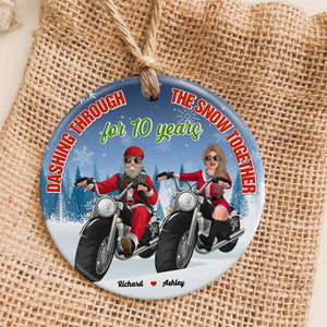 Dashing Through The Snow Together, Biker Couple Personalized Ceramic Ornament, Couple Gifts - Ornament - GoDuckee