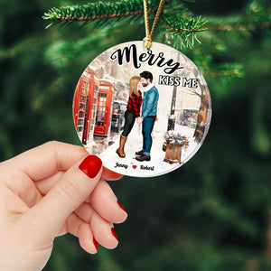 Merry Kiss Me, Couple Gift, Personalized Acrylic Ornament, Kissing Couple Ornament, Christmas Gift - Ornament - GoDuckee